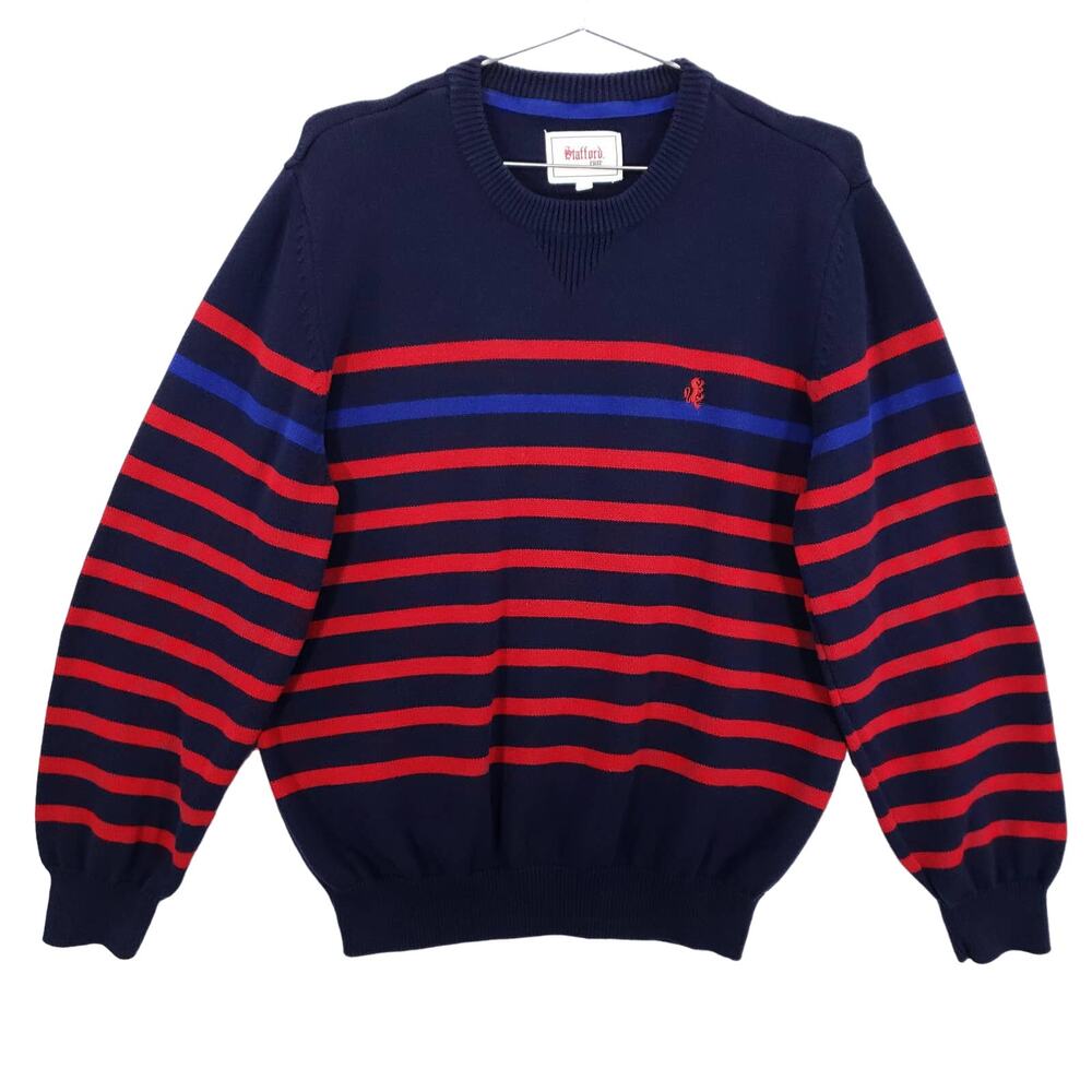 Stafford Sweater Mens Large Navy Red Striped Long Sleeve Crew Neck Prep Pullover